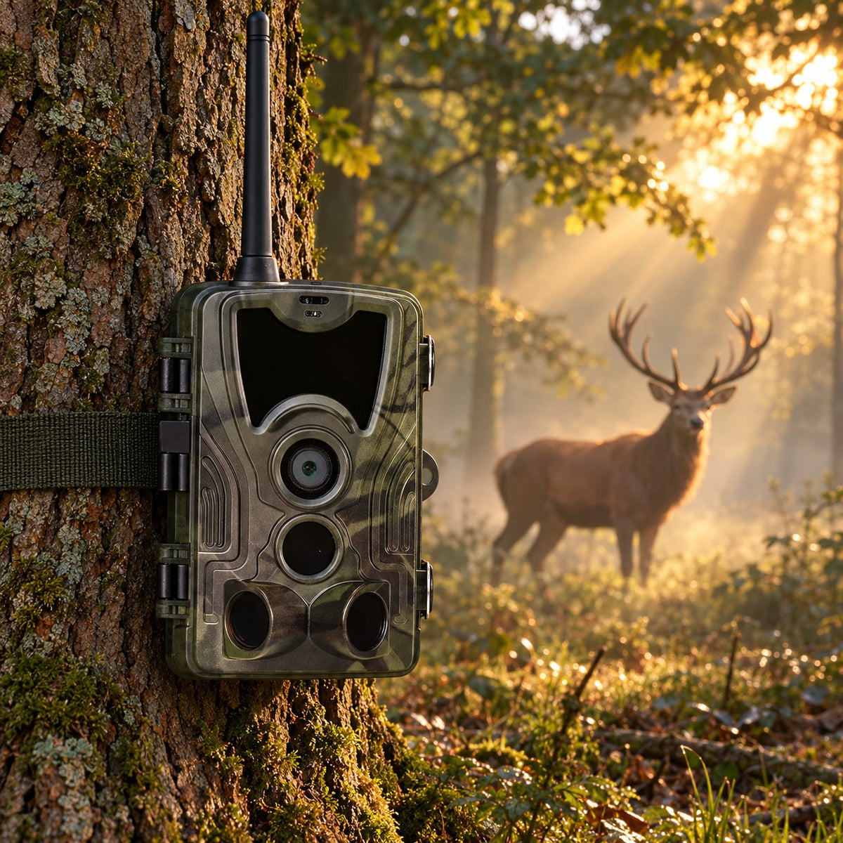Caméra de terrain 4G+ 4K à écran Vigie des Bois fixée à un chêne au lever du soleil