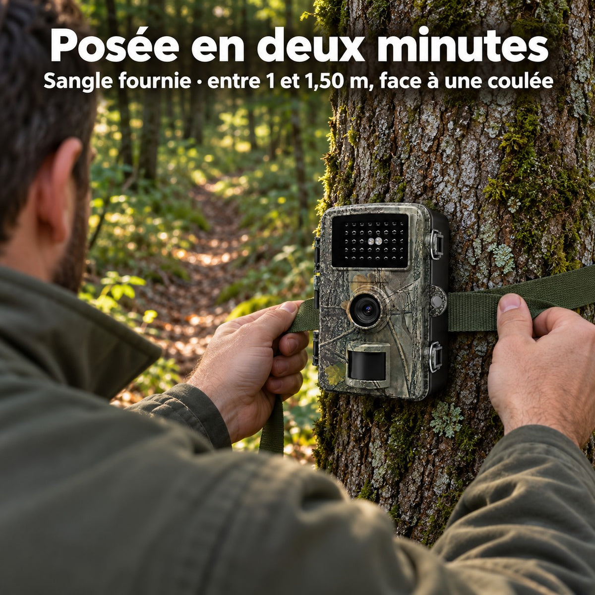 Pose par sangle fournie, entre 1 et 1,50 m de hauteur