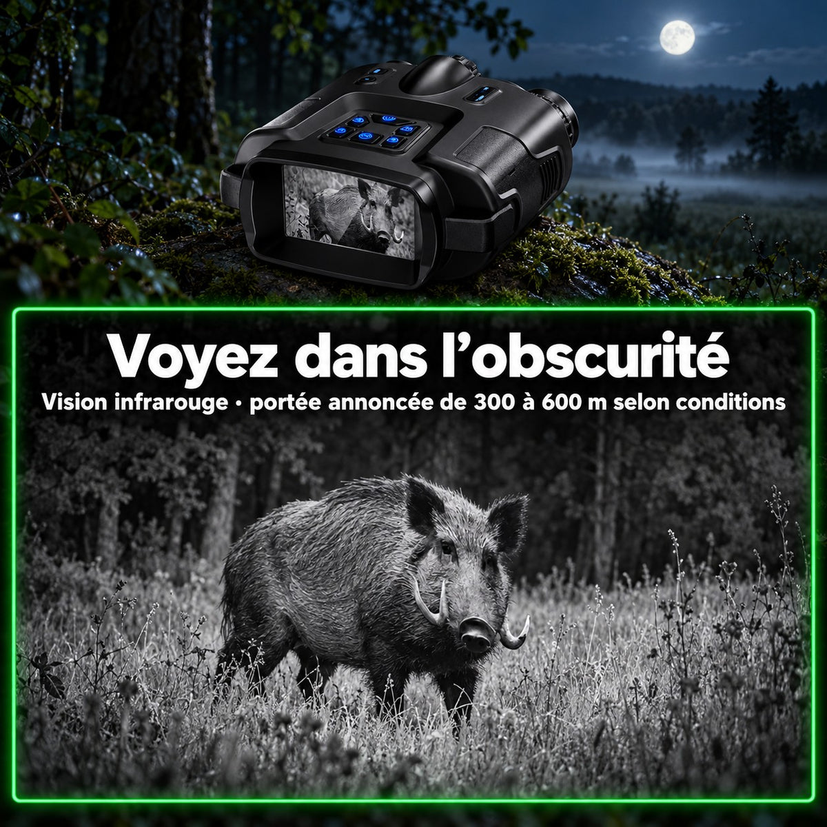 Vision infrarouge, portée annoncée de 300 à 600 m selon conditions