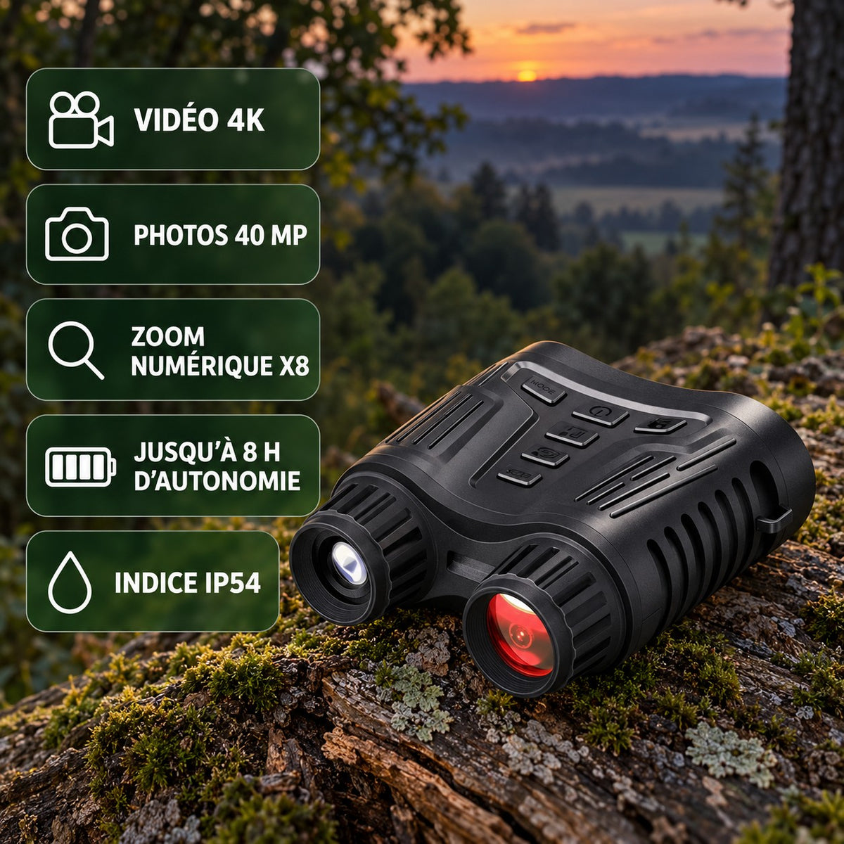 Points forts : vidéo 4K, photos 40 MP, zoom numérique x8, jusqu'à 8 h d'autonomie, IP54