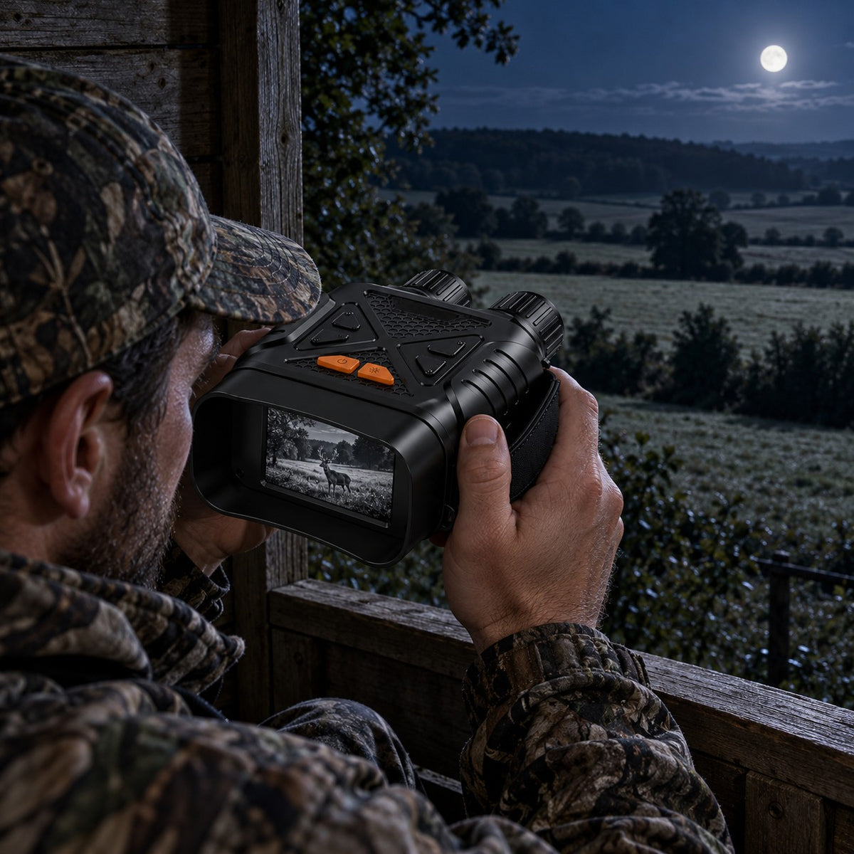 Chasseur au mirador la nuit avec les jumelles de vision nocturne Vigie des Bois