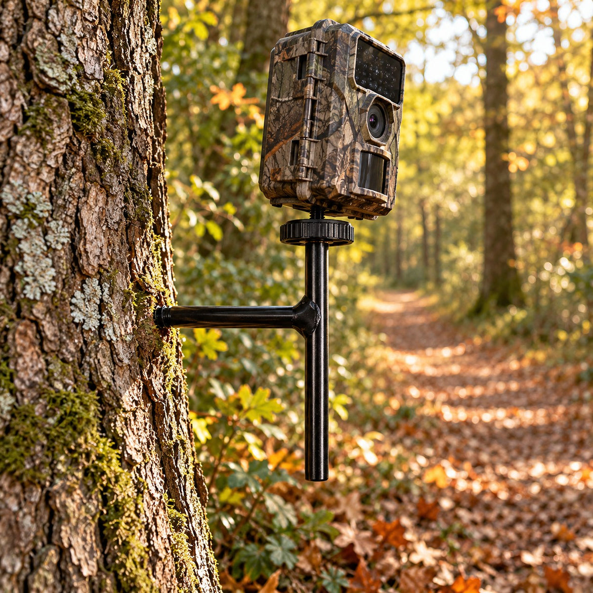 Support vissé dans un chêne tenant une caméra de chasse