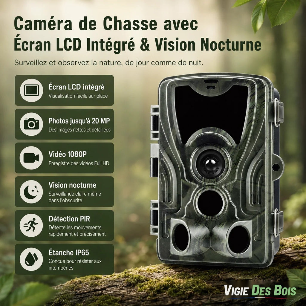 Caméra de Chasse 20 MP Écran LCD – Vision Nocturne 36 LED, Horodatage
