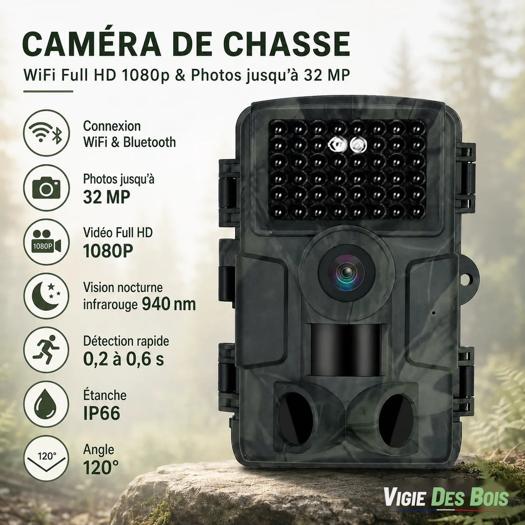 Caméra de Chasse WiFi 32 MP Full HD – Photos sur Mobile à Proximité, Vision Nocturne 46 LED