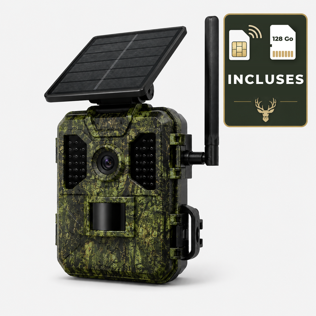 Caméra de Chasse 4G Solaire Extérieure – Sans WiFi ni Abonnement, SIM + MicroSD 128 Go Incluses