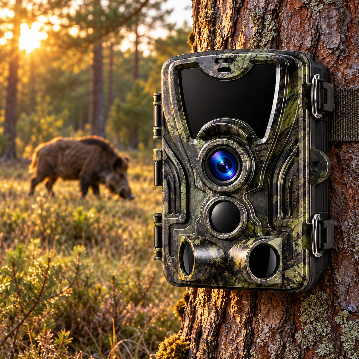Caméra de chasse 20 MP à écran LCD Vigie des Bois fixée à un pin, sanglier en lisière