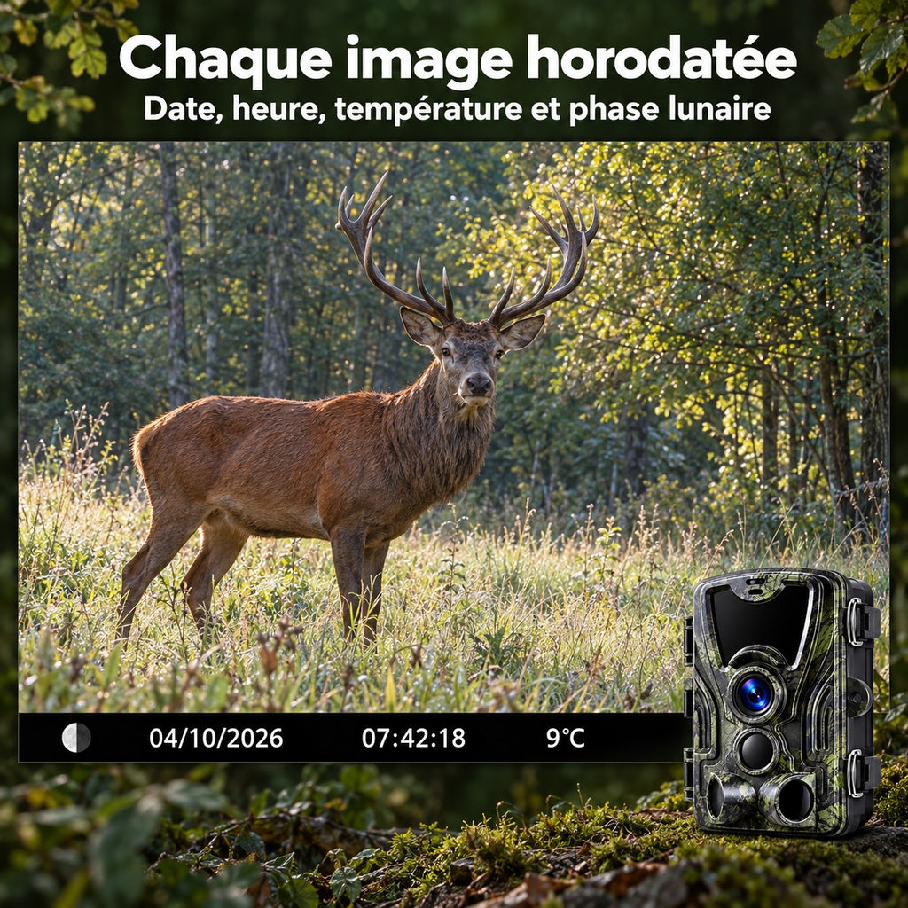 Chaque image horodatée : date, heure, température et phase lunaire