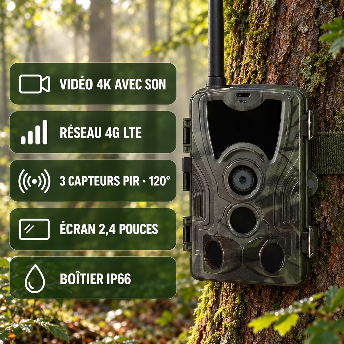 Points forts : vidéo 4K avec son, réseau 4G LTE, 3 capteurs PIR sur 120°, écran 2,4 pouces, boîtier IP66