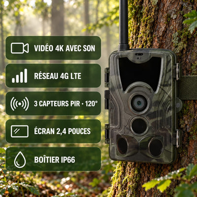 Points forts : vidéo 4K avec son, réseau 4G LTE, 3 capteurs PIR sur 120°, écran 2,4 pouces, boîtier IP66