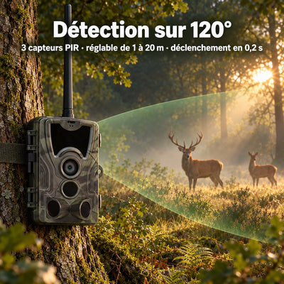 Détection sur 120° : 3 capteurs PIR, réglable de 1 à 20 m, déclenchement en 0,2 s