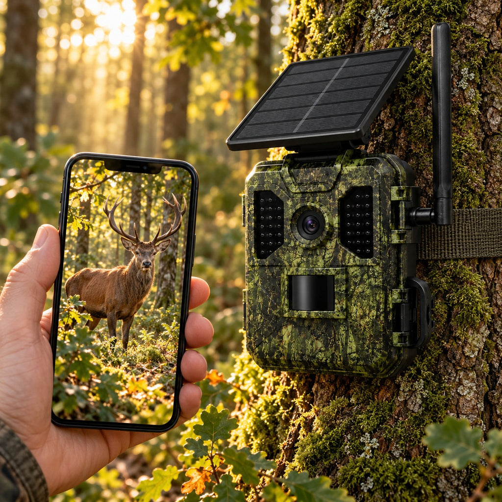 Caméra de chasse 4G solaire Vigie des Bois fixée à un chêne, photo de cerf reçue sur le téléphone