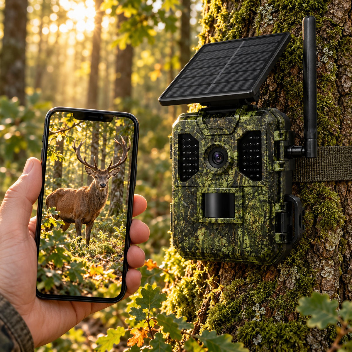Caméra de chasse 4G solaire Vigie des Bois fixée à un chêne, photo de cerf reçue sur le téléphone