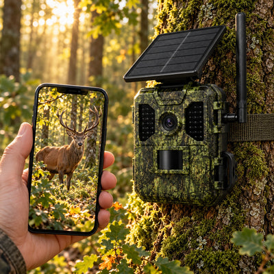 Caméra de chasse 4G solaire Vigie des Bois fixée à un chêne, photo de cerf reçue sur le téléphone