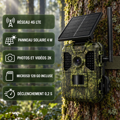 Points forts : réseau 4G LTE, panneau solaire 4 W, photos et vidéos 2K, MicroSD 128 Go incluse, déclenchement 0,2 s