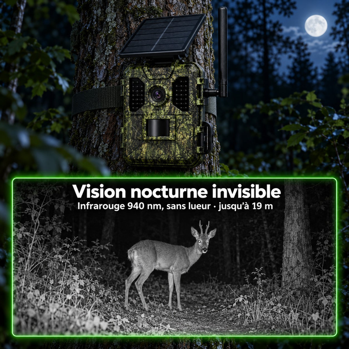Vision nocturne invisible infrarouge 940 nm, jusqu'à 19 m