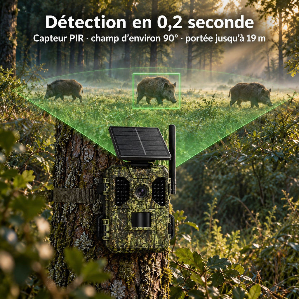 Détection en 0,2 seconde, champ d'environ 90°, portée jusqu'à 19 m