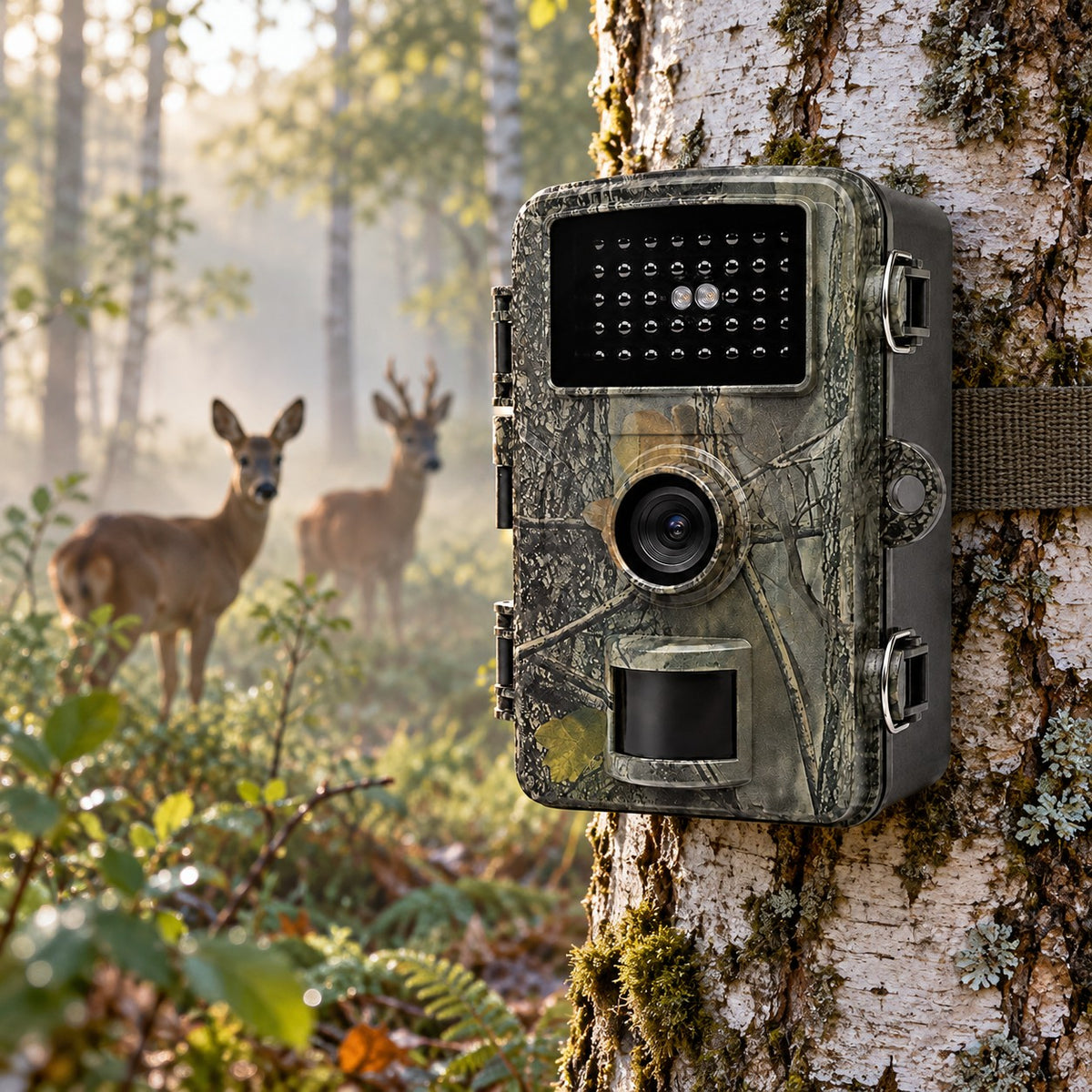 Caméra de chasse Full HD Vigie des Bois fixée à un bouleau, chevreuils dans la brume