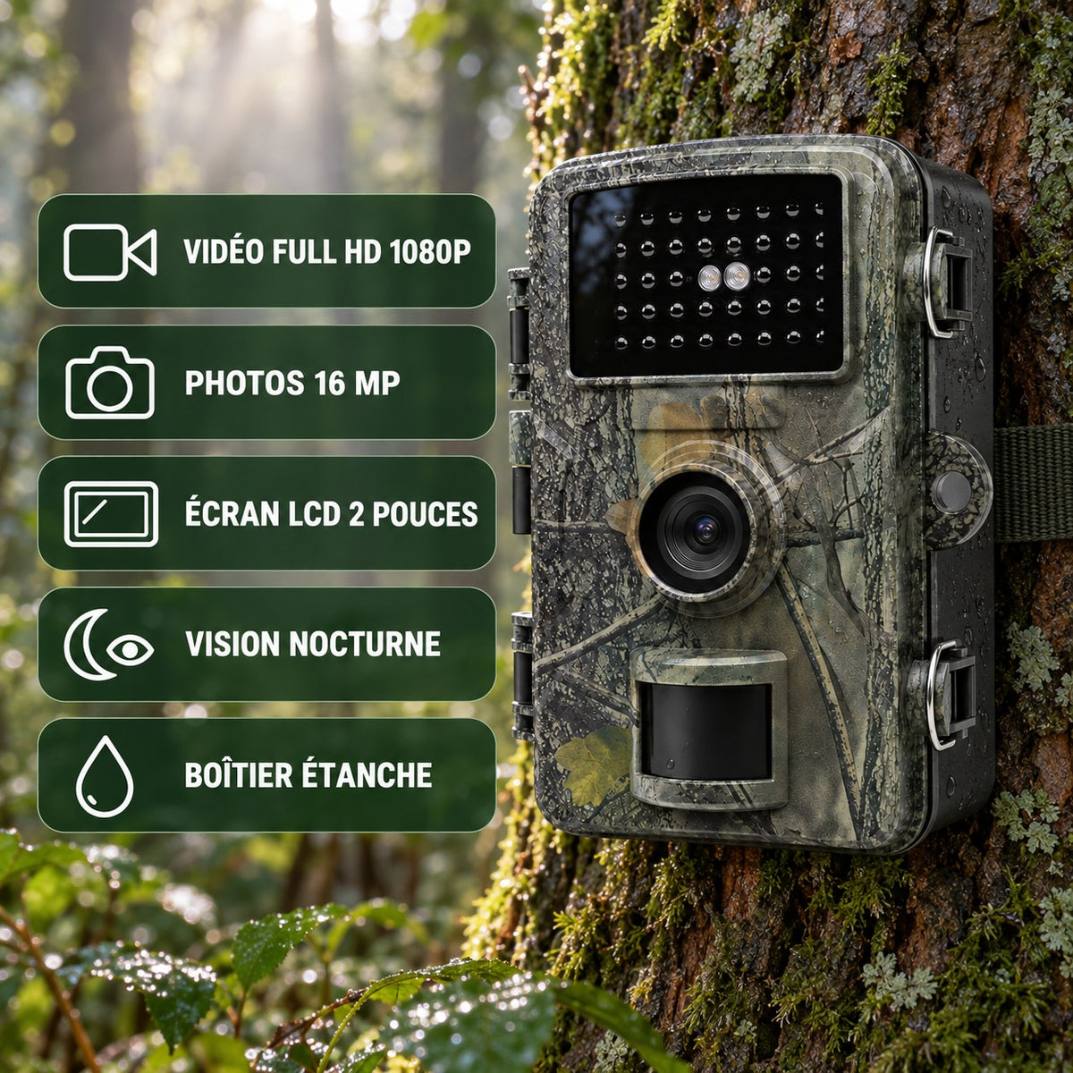 Points forts : vidéo Full HD 1080p, photos 16 MP, écran LCD 2 pouces, vision nocturne, boîtier étanche