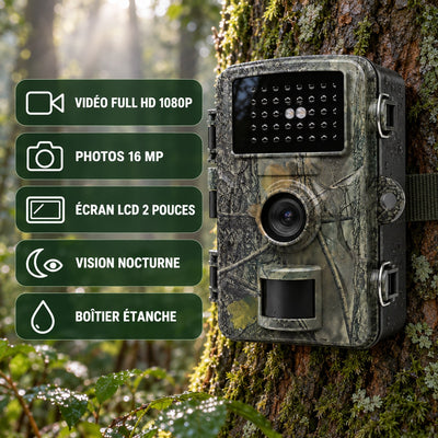 Points forts : vidéo Full HD 1080p, photos 16 MP, écran LCD 2 pouces, vision nocturne, boîtier étanche