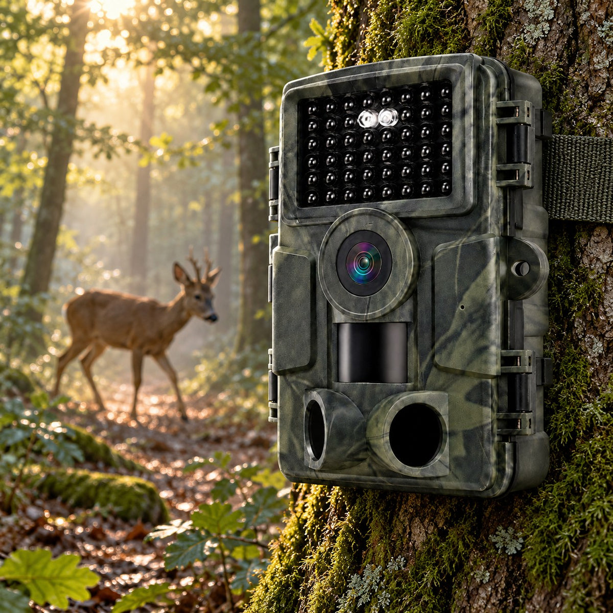 Caméra de chasse WiFi 32 MP Vigie des Bois fixée à un chêne, chevreuil en forêt