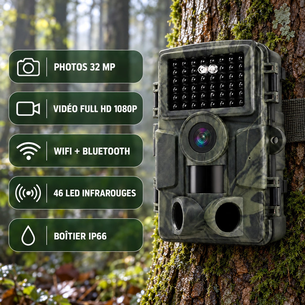 Points forts : photos 32 MP, vidéo Full HD 1080p, WiFi et Bluetooth, 46 LED infrarouges, boîtier IP66