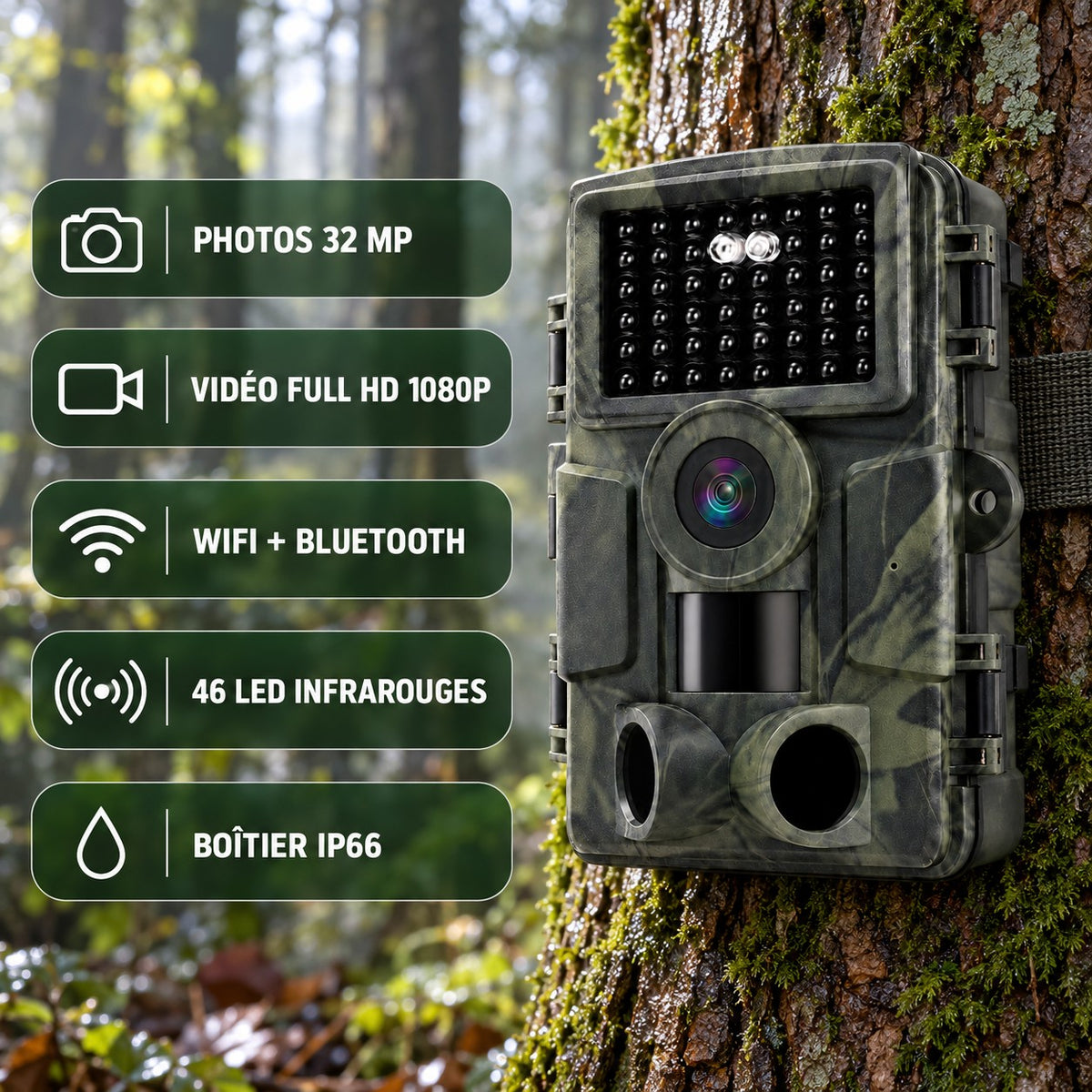 Points forts : photos 32 MP, vidéo Full HD 1080p, WiFi et Bluetooth, 46 LED infrarouges, boîtier IP66