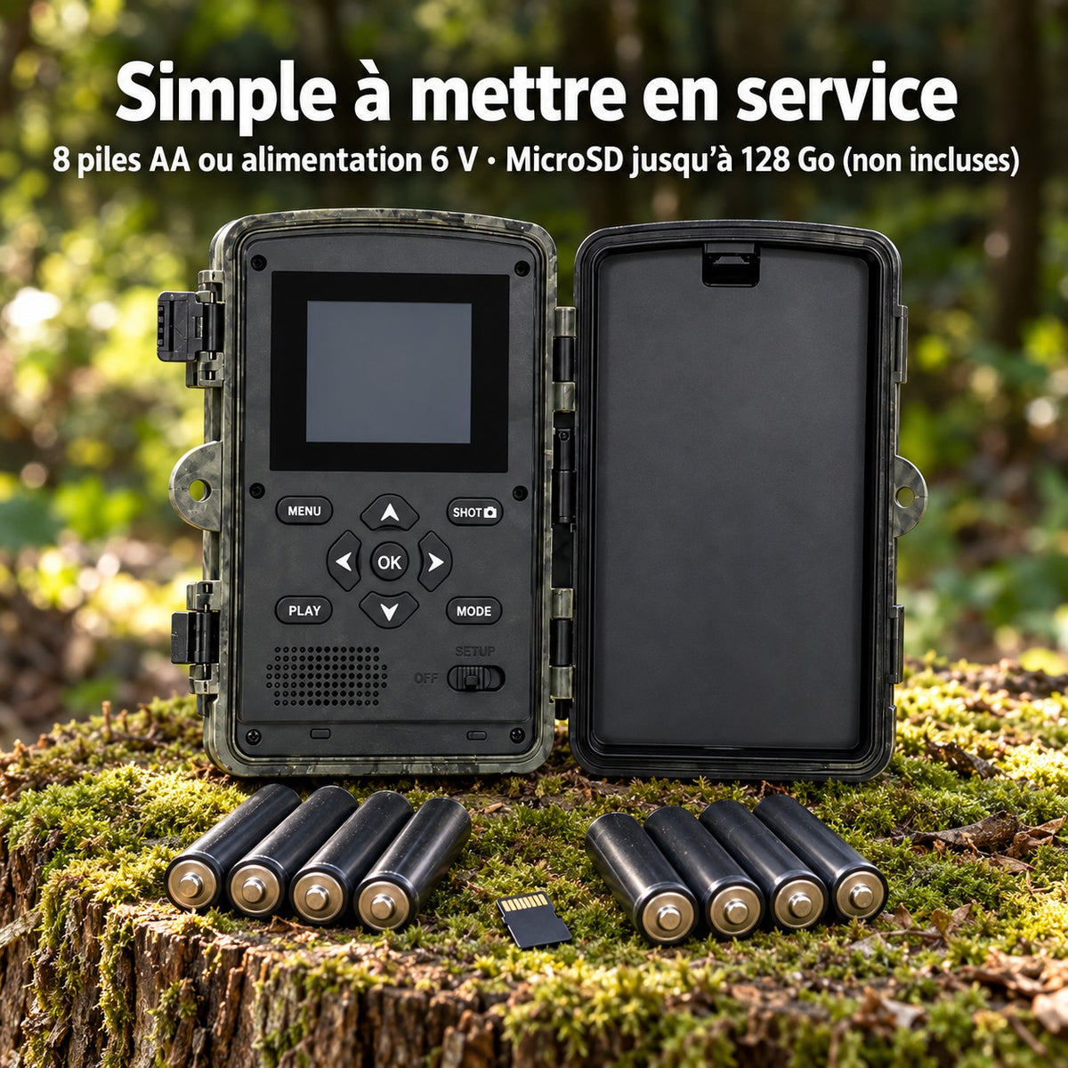 Mise en service : 8 piles AA ou alimentation 6 V, MicroSD jusqu'à 128 Go (non incluses)