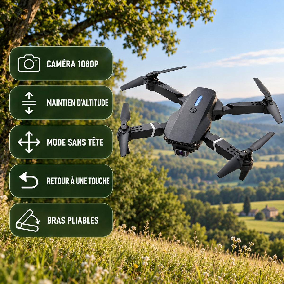 Points forts : caméra 1080P, maintien d'altitude, mode sans tête, retour à une touche, bras pliables