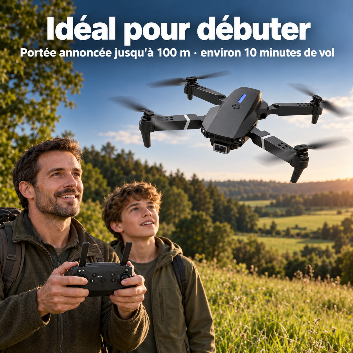 Idéal pour débuter : portée annoncée jusqu'à 100 m, environ 10 minutes de vol