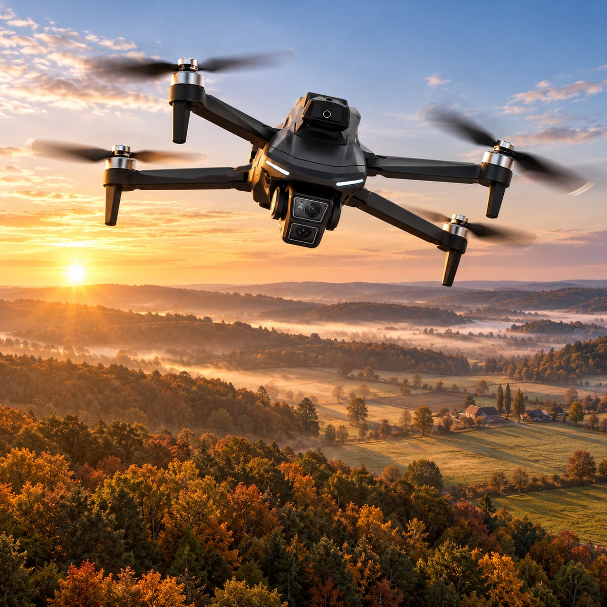 Drone GPS Vigie des Bois en vol au-dessus d'une forêt d'automne
