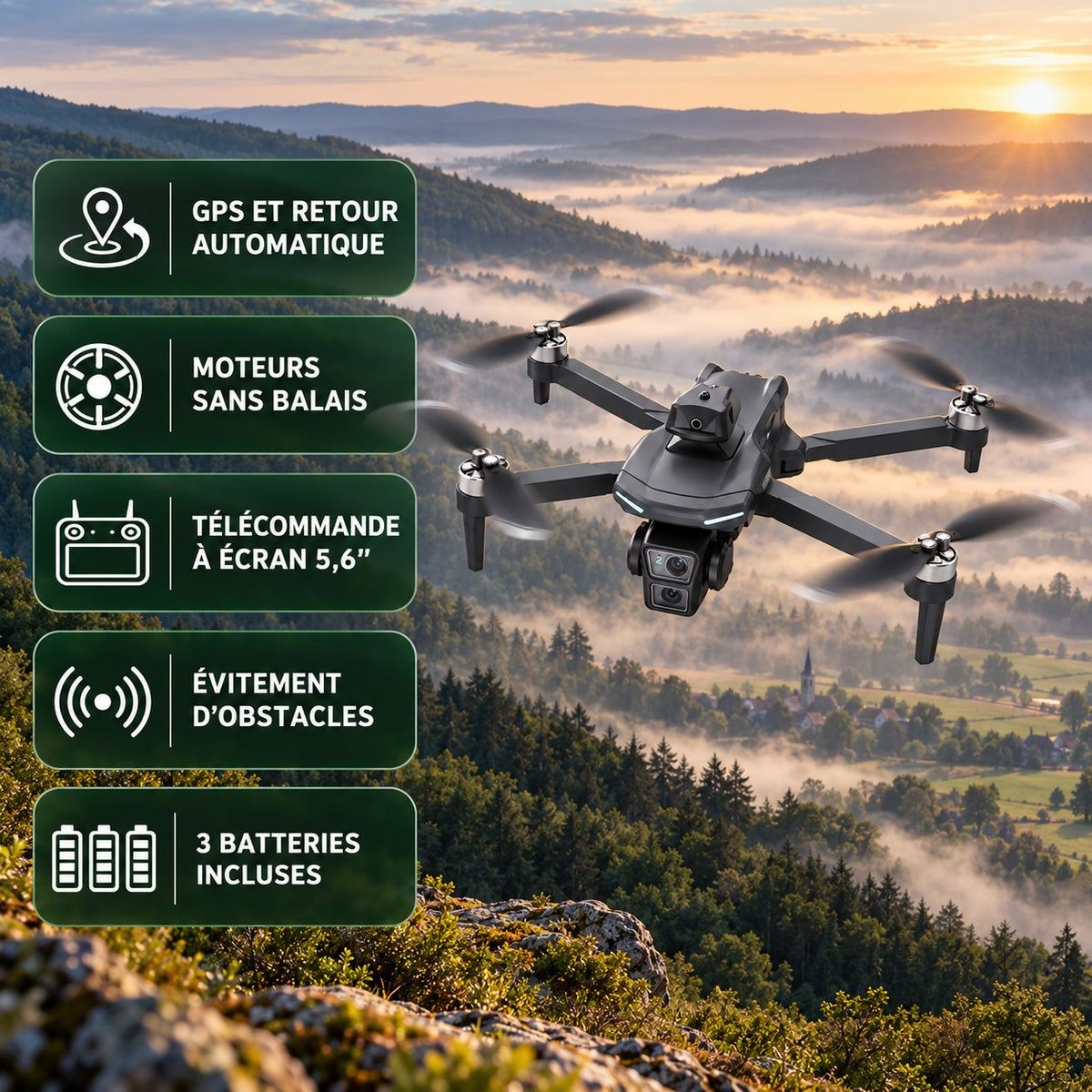 Points forts : GPS et retour automatique, moteurs sans balais, télécommande à écran 5,6 pouces, évitement d'obstacles, 3 batteries incluses