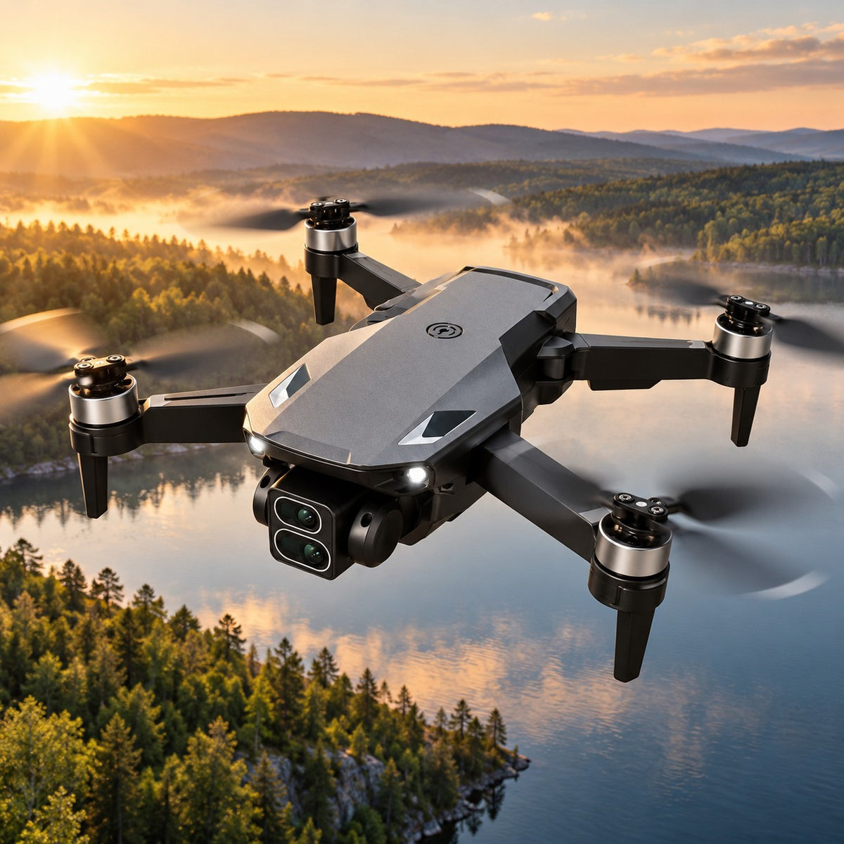 Drone pliable Vigie des Bois en vol au-dessus d'un lac