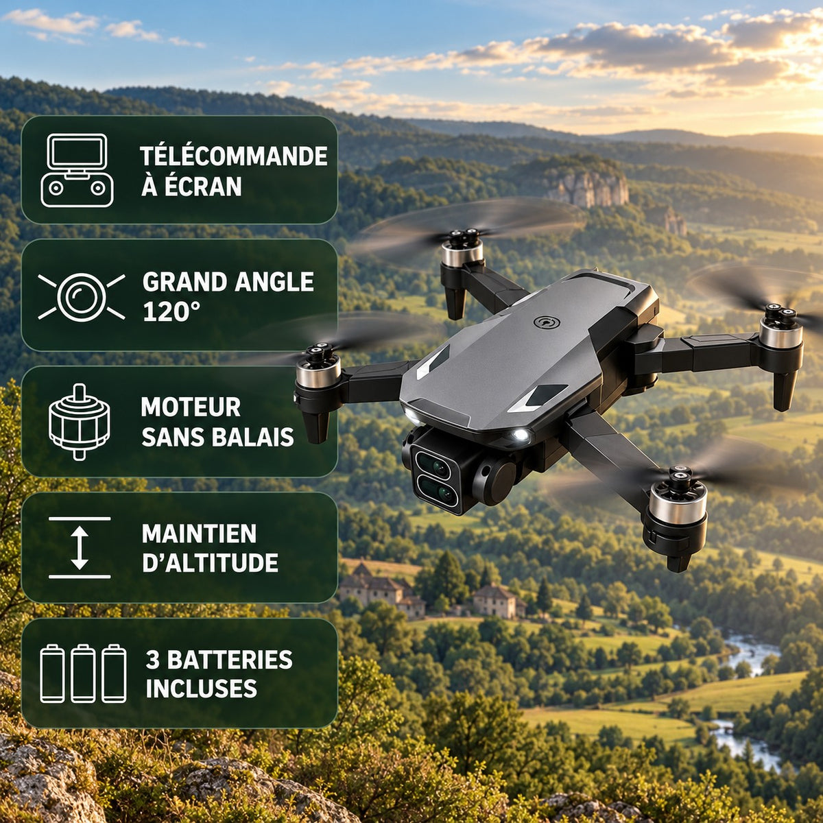 Points forts : télécommande à écran, grand angle 120°, moteur sans balais, maintien d'altitude, 3 batteries incluses