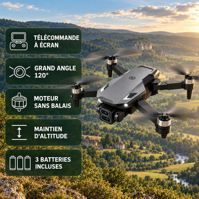 Points forts : télécommande à écran, grand angle 120°, moteur sans balais, maintien d'altitude, 3 batteries incluses