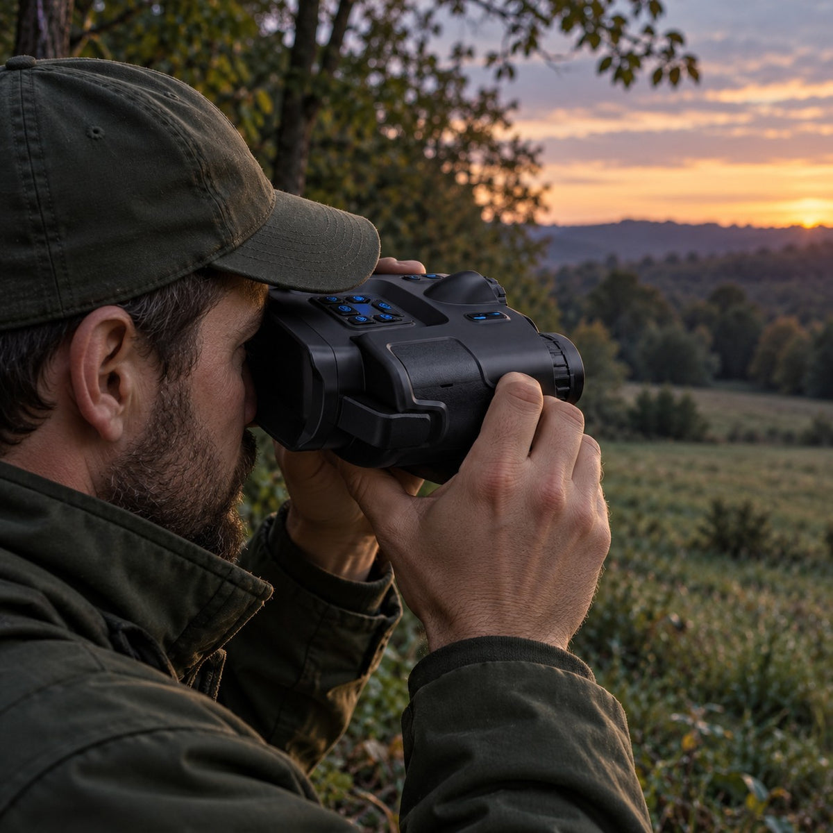 Chasseur en lisière au crépuscule avec les jumelles de vision nocturne 4K Vigie des Bois