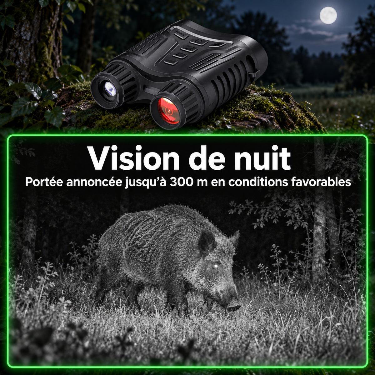 Vision de nuit, portée annoncée jusqu'à 300 m en conditions favorables