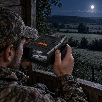 Chasseur au mirador la nuit avec les jumelles de vision nocturne Vigie des Bois