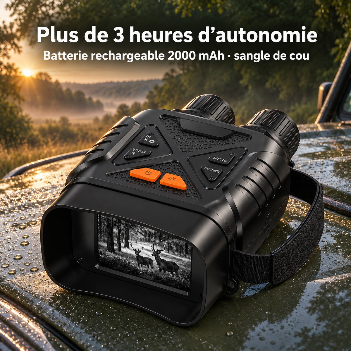 Plus de 3 heures d'autonomie, batterie 2000 mAh, sangle de cou