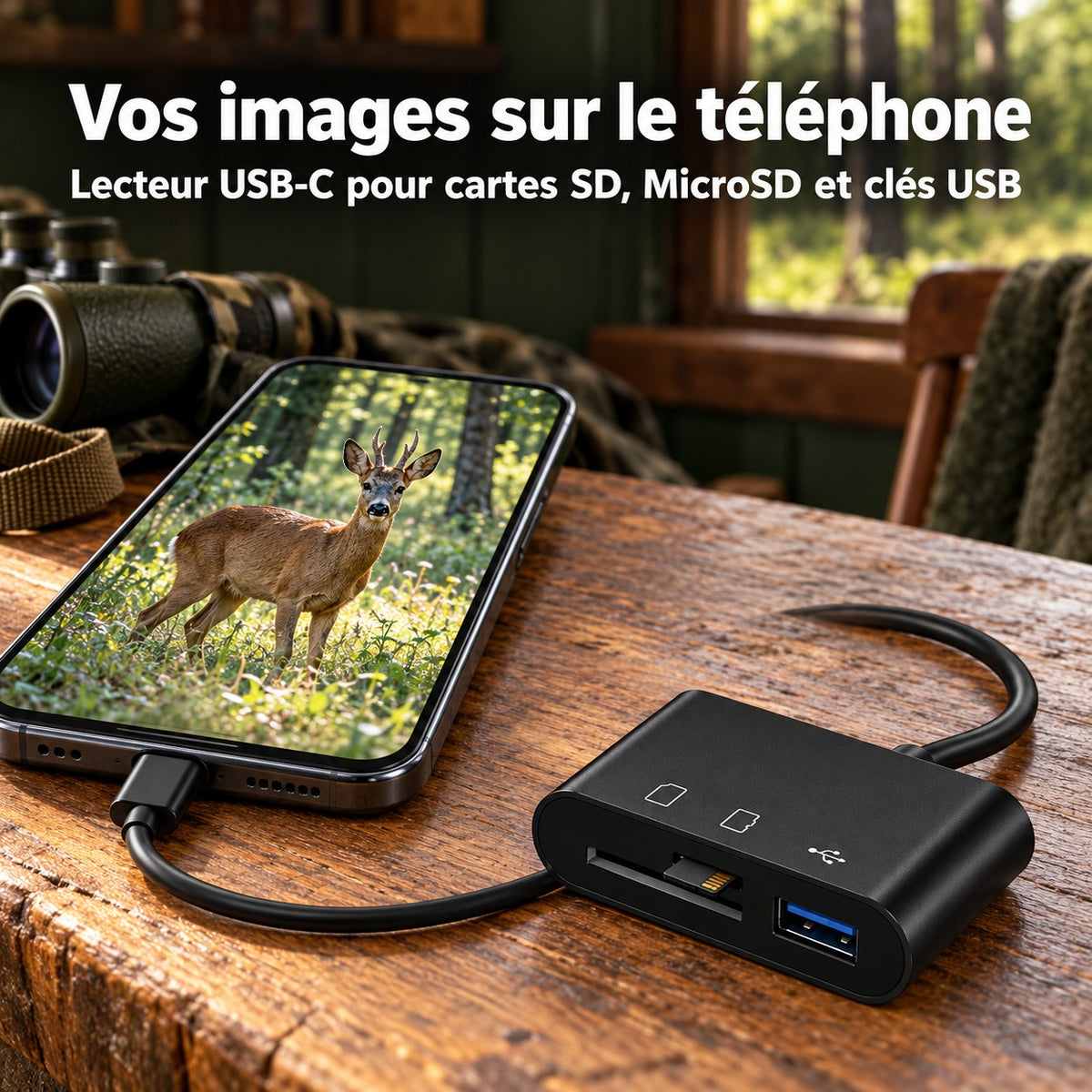 Lecteur USB-C branché sur un téléphone pour voir les images de la caméra de chasse