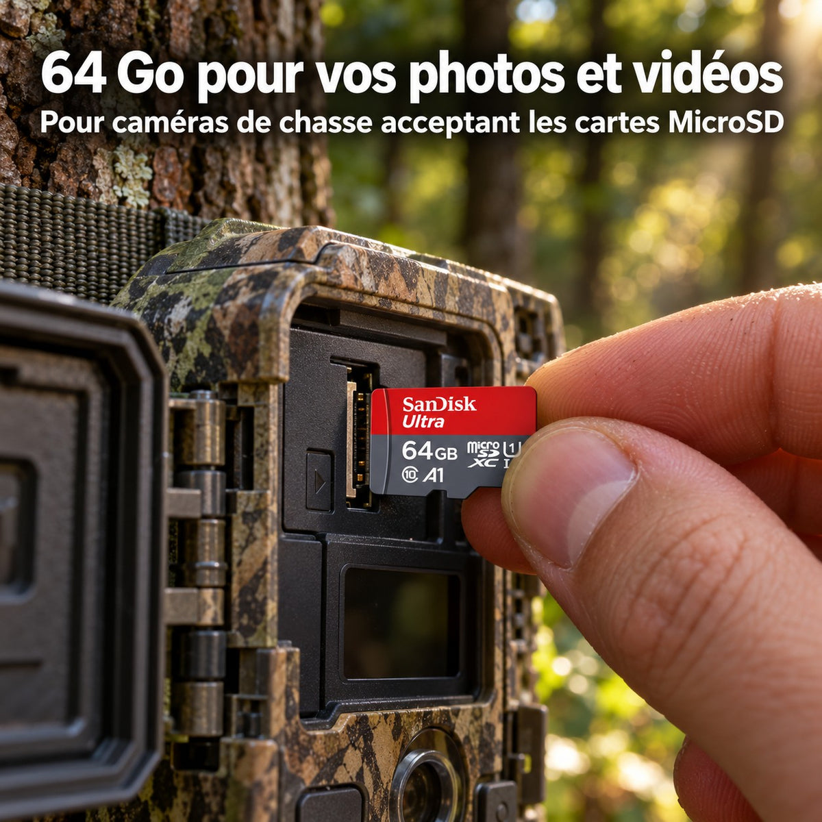 Carte MicroSD 64 Go insérée dans une caméra de chasse