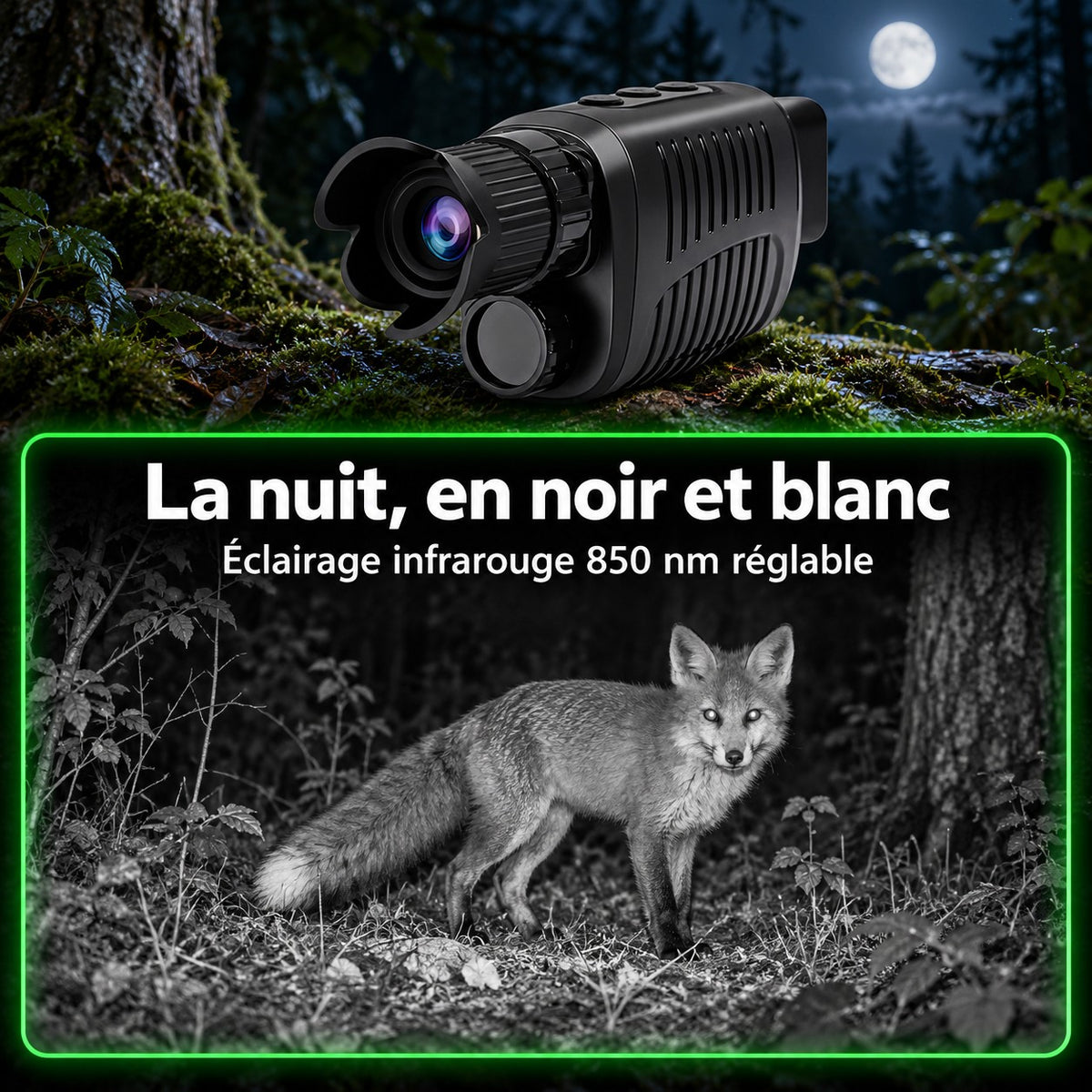 Vision de nuit en noir et blanc, éclairage infrarouge 850 nm réglable