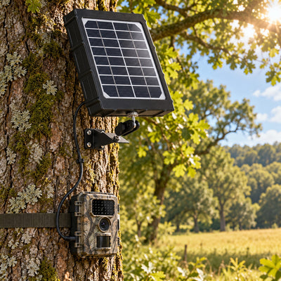 Panneau solaire Vigie des Bois fixé à un arbre et relié à une caméra de chasse