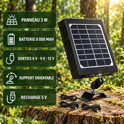 Points forts : panneau 3 W, batterie 8 000 mAh, sorties 6 V, 9 V et 12 V, support orientable, recharge 5 V